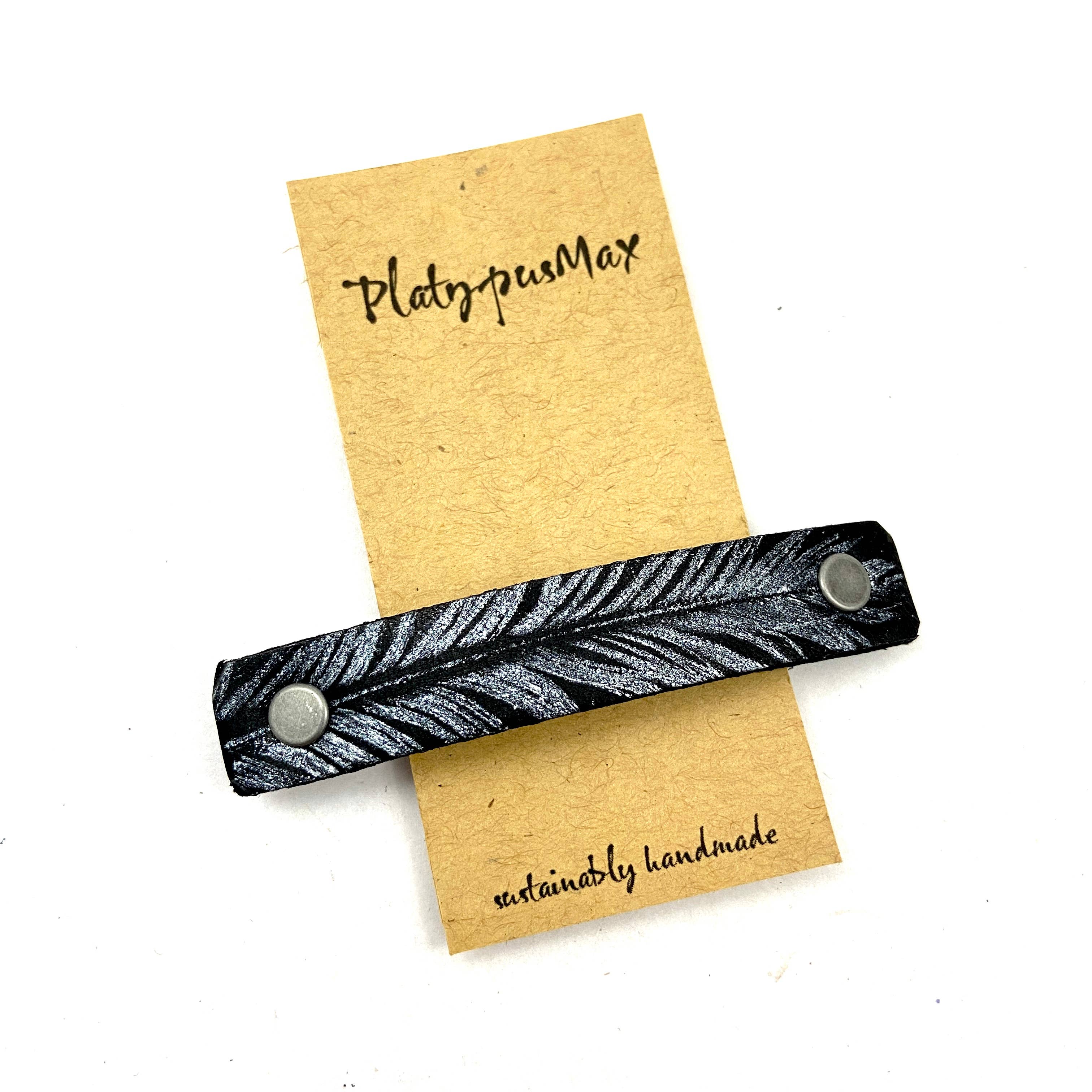 PlatypusMax - Wholesale Barrette - Women's - Silver Feather on Black Leather Hair Barrette2