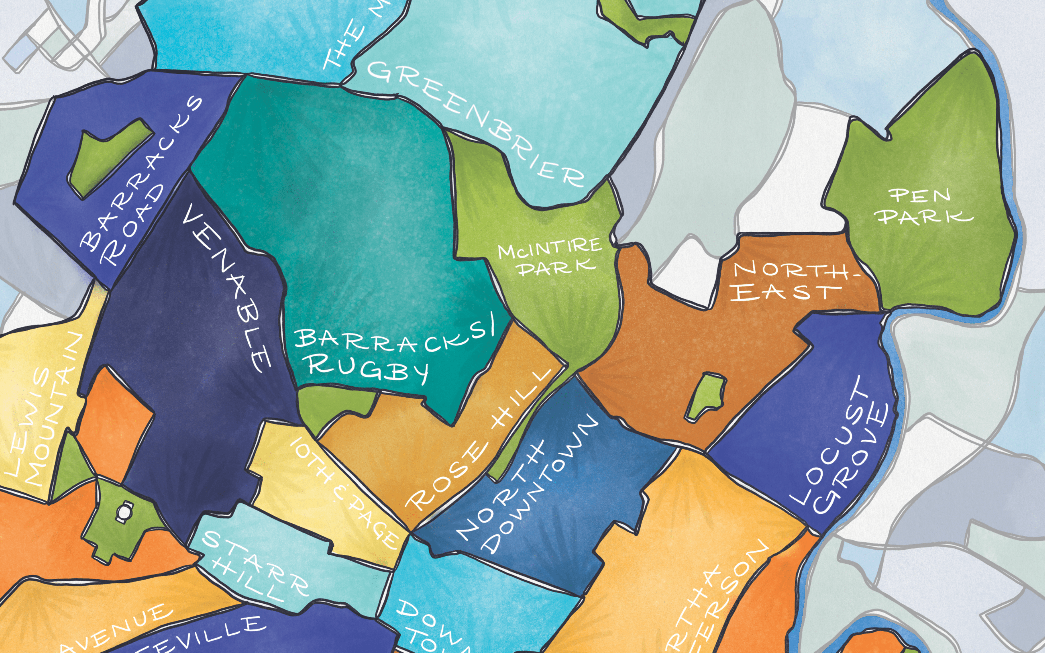 Terratorie Maps + Goods – wholesale Vardagliga hälsningskort – Charlottesville kvarter Karta Konst hälsningskort1