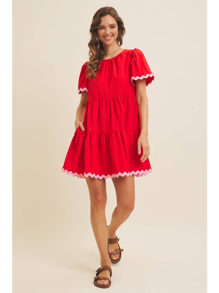 RED TIERED MINI DRESS WITH CONTRAST RIC RAC TRIM for wholesale on Faire