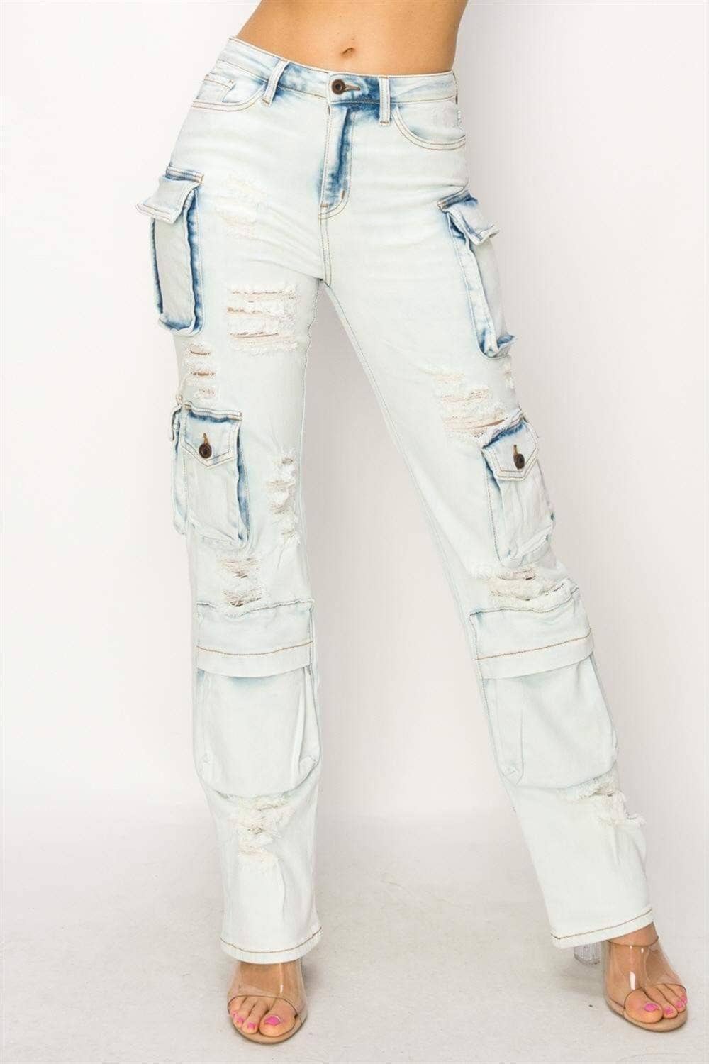 Bleu Clair Pantalon cargo en denim vieilli en vente sur Faire0