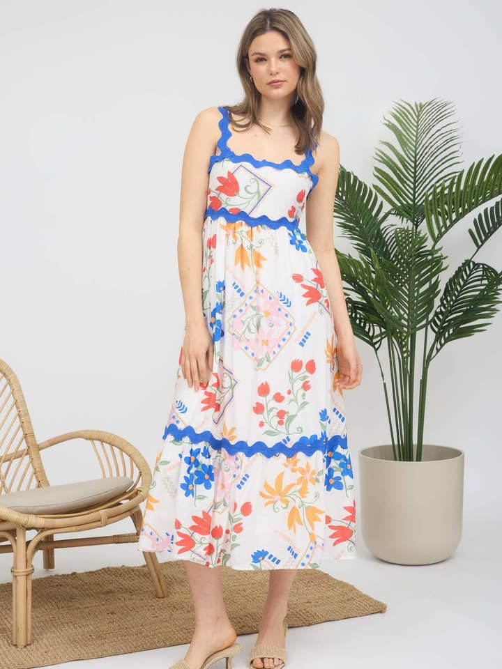 Blu Pepper - Wholesale Dress - Women's - FLORAL PATTERN WAVY DETAIL SLEEVELESS MIDI DRESS