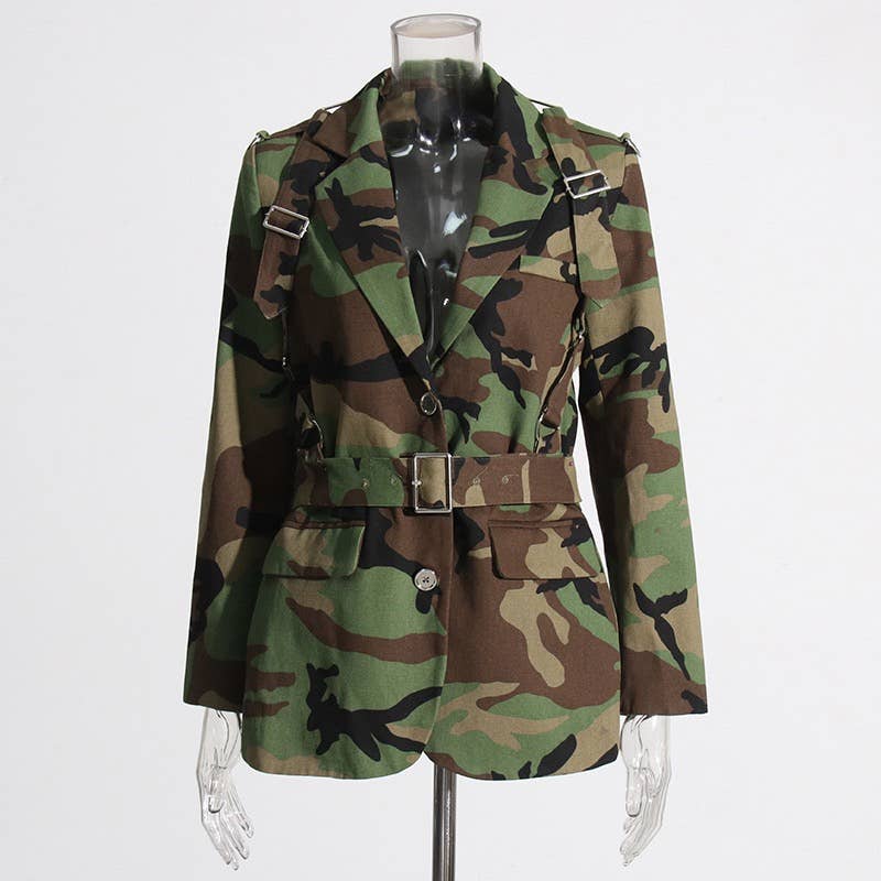 Color as pictures BL24Y Camouflage Belted Blazer with Military Accents for wholesale on Faire2
