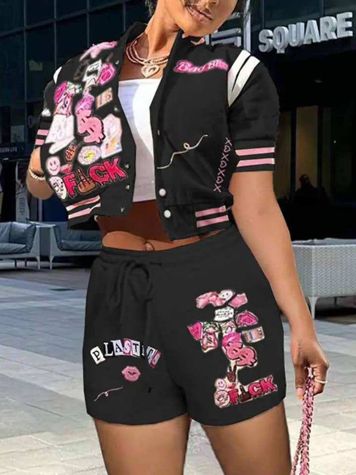 Flarix - Wholesale Top & Short Set (NOT Loungewear) - Women's - letter graphic pattern baseball top shorts set22