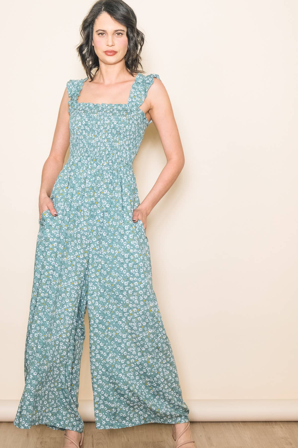 Elloh Collection - Wholesale Jumpsuit - Women's - Super Comfy Ruffle Shoulder Smocked Wide Leg Jumper Jumpsuit5