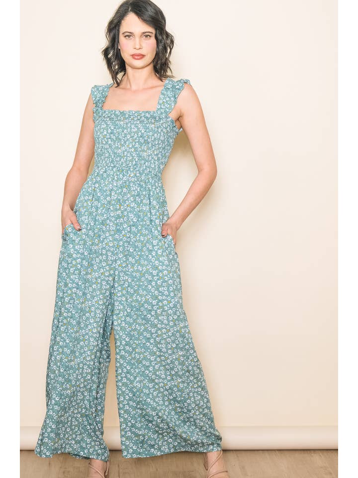 Elloh Collection - Wholesale Jumpsuit - Women's - Super Comfy Ruffle Shoulder Smocked Wide Leg Jumper Jumpsuit5