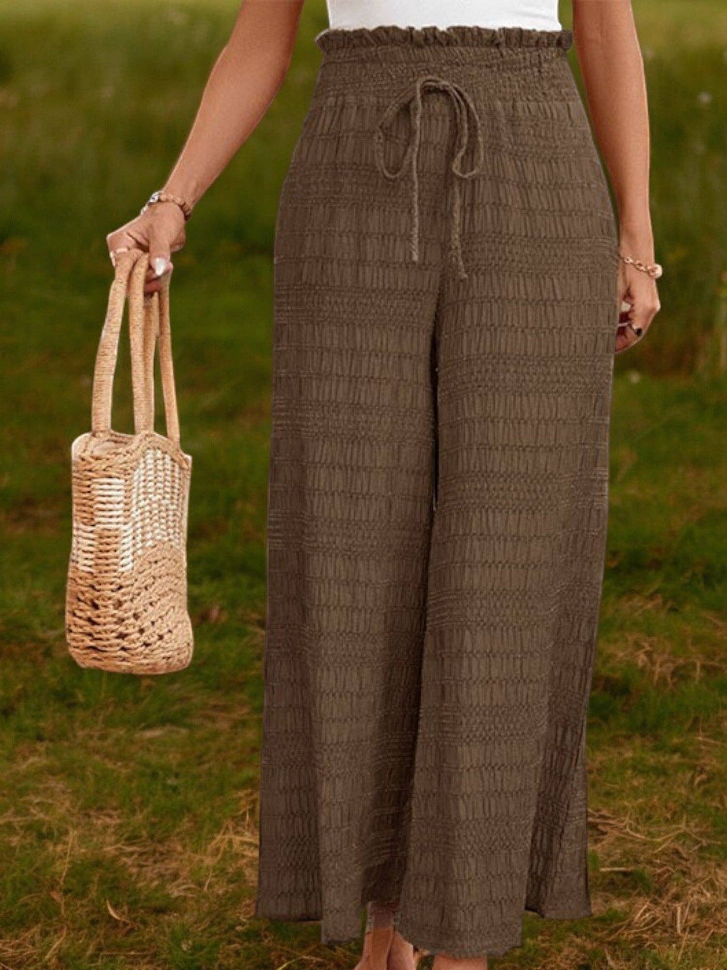 Marron Pantalon décontracté à jambe large et taille haute pour femmes en vente sur Faire3