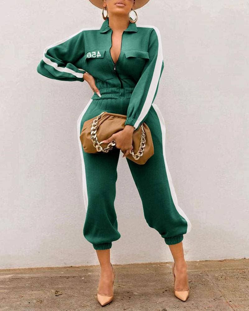 Fashion Combination - Wholesale Jumpsuit - Women's - letter print zip front long sleeve jumpsuit2