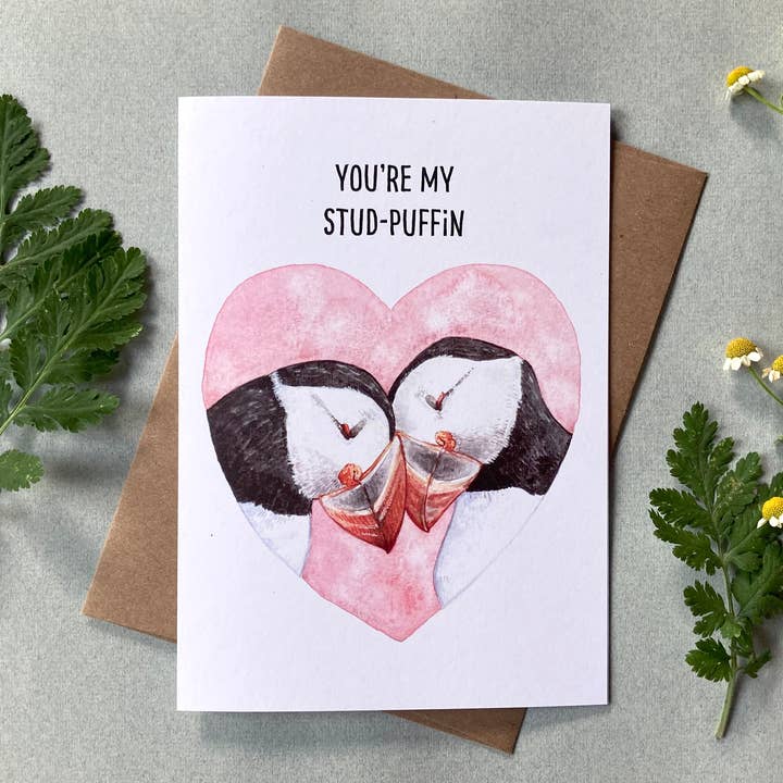 You're My Stud-Puffin Valentines Day Card for wholesale by Lucinda Rowe Art