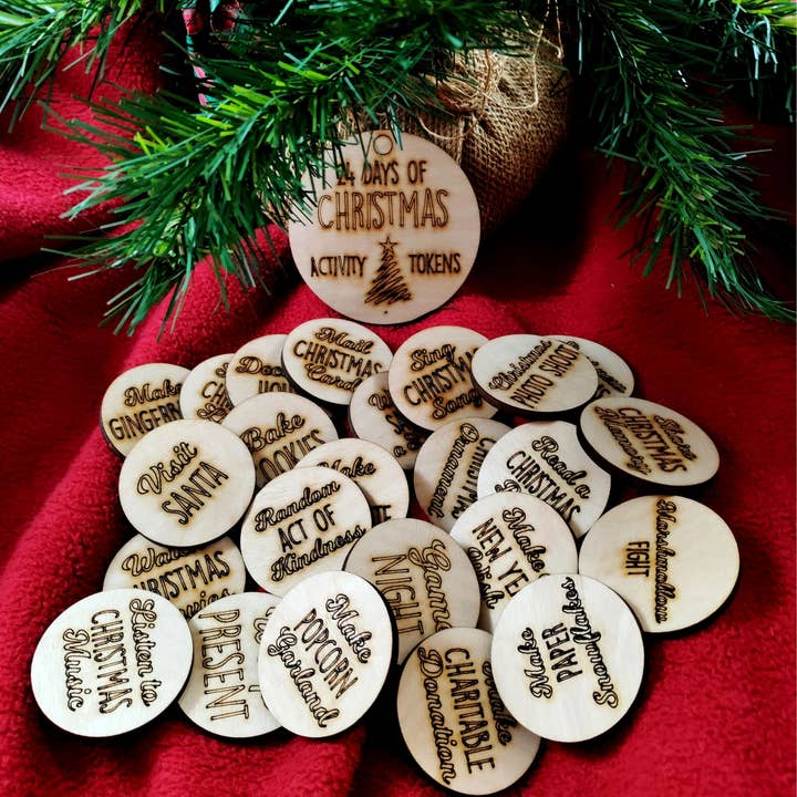24 Days of Christmas Activity Tokens with Bag for wholesale by Mankin Laserworks