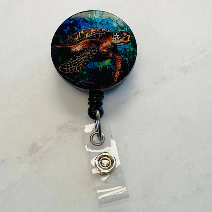 Faux Stained Glass Sea Turtle Badge Reel for wholesale by Spellbound Rose Creations