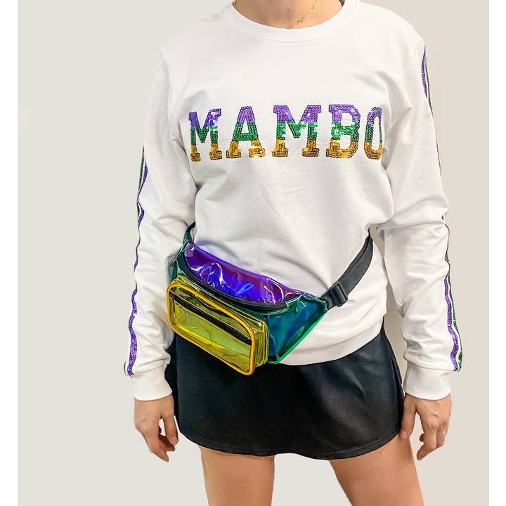 Mardi Gras Creations - Wholesale Belt Bag - Women's - Color Block Purple, Green, Gold Transparent Fanny Pack