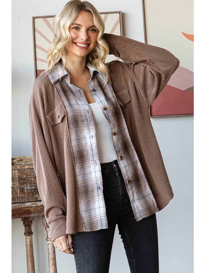 7th Ray - Wholesale Shirt Jacket/Shacket - Women's - Rib Plaid Contrast Drop Shoulder Button Down Shacket T5809