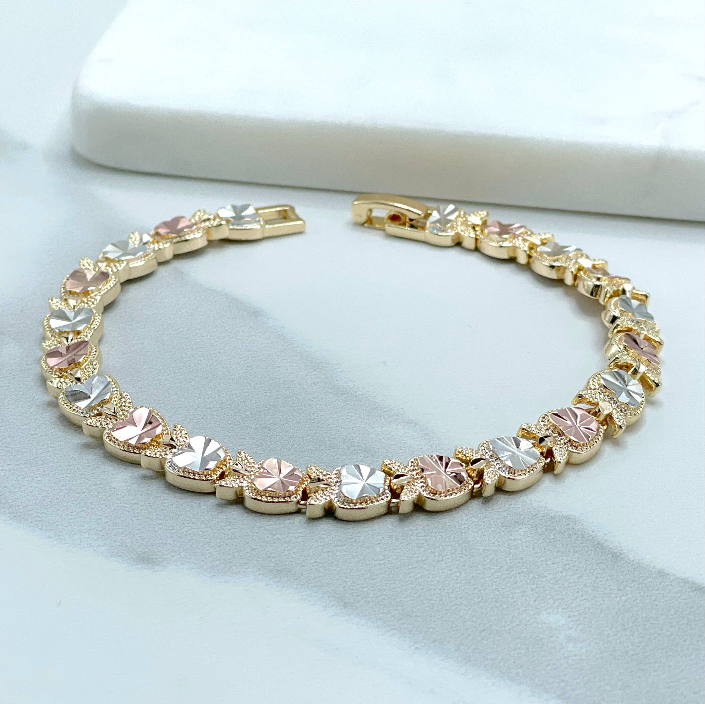 DIJU Jewelry - Wholesale  - 18k Gold Filled Three Tone, Tri Tone, Texturized Apple Charms Linked  Bracelet, Wholesale Jewelry Making Supplies4