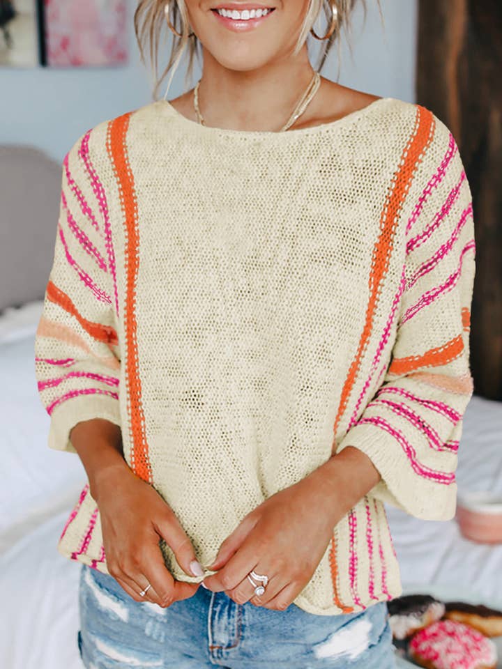 Suhkasana - Wholesale Knit Sweater - Women's - Striped Detail Wide Sleeve Lightweight Knitted Sweater2