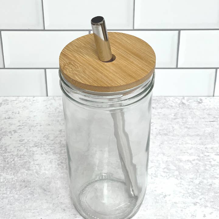 Birdbath - Wholesale Drinking Glass/Cup - Eco Glass Mason Jar with Bamboo Lid and Stainless Straw