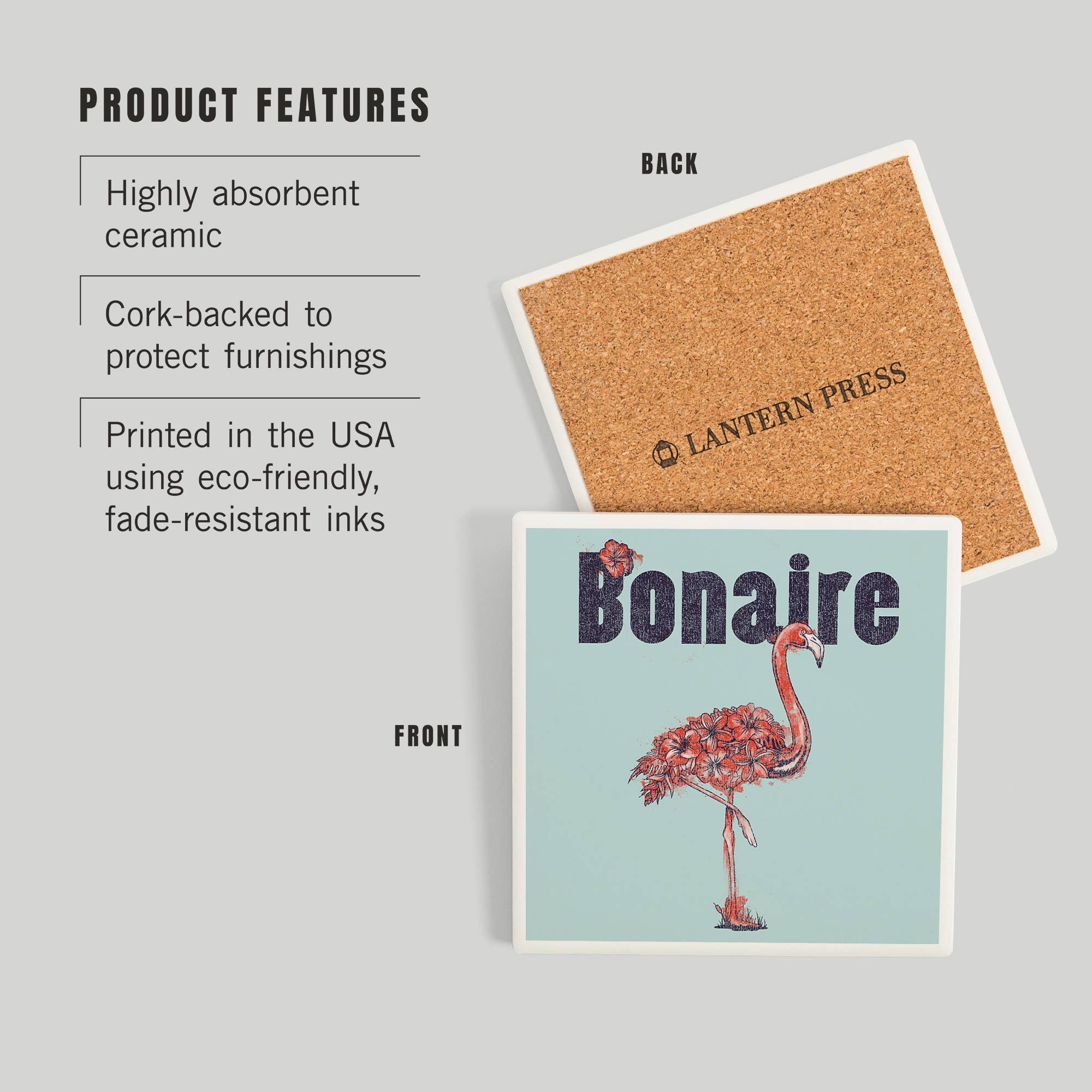 Lantern Press - Wholesale Coasters - Ceramic Coaster Bonaire, Dutch Caribbean, Flamingo, Flowe…2