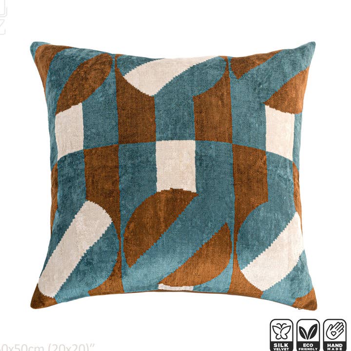 Geometric Silk Velvet Cushion Cover with Blue & Brown Colour for wholesale by OyzShop