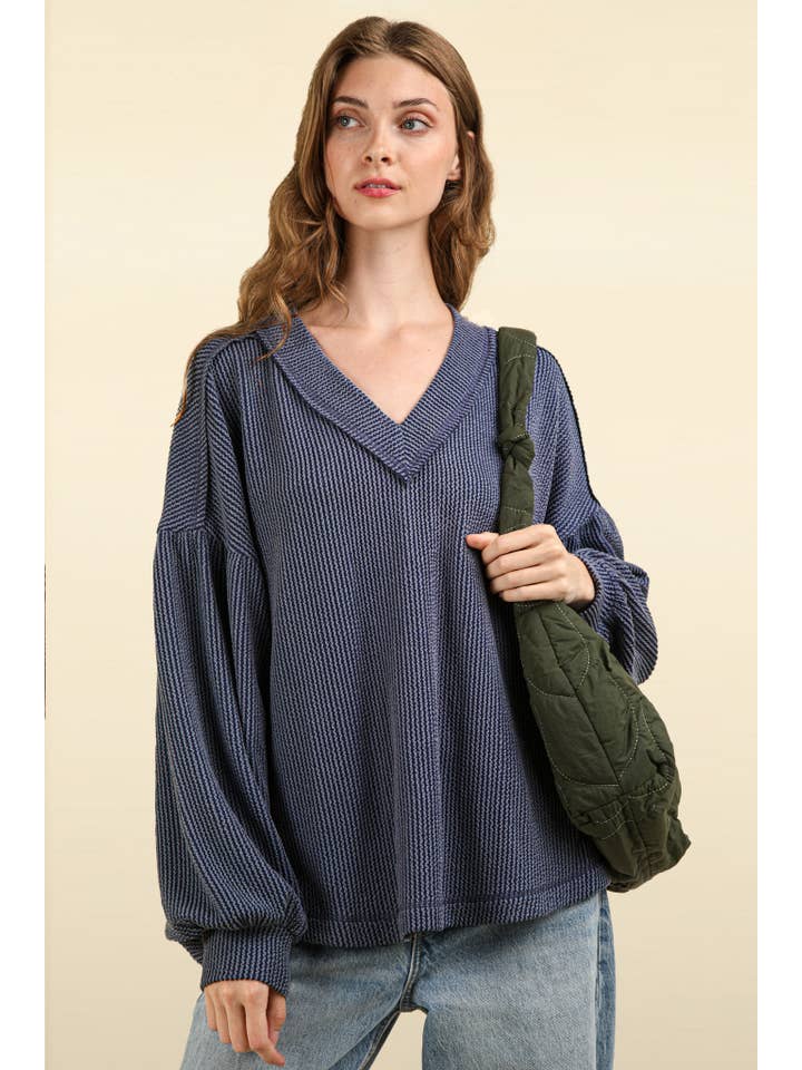 VERY J - Wholesale Knit Top - Women's - NT11946-Two Tone Otto Ribbed V-Neck Oversized Knit Top