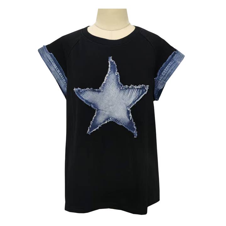 Edgy Denim Star Patch Trim Sleeve Short-Sleeve Top and other Purchase Wholesale denim shorts with patches. Free Returns & Net 60 Terms on Faire trending on Faire.