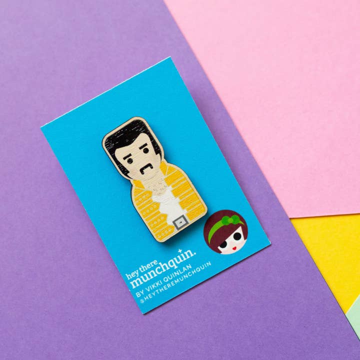Eco-friendly wooden pin inspired by Freddie Mercury for wholesale by Hey There Munchquin