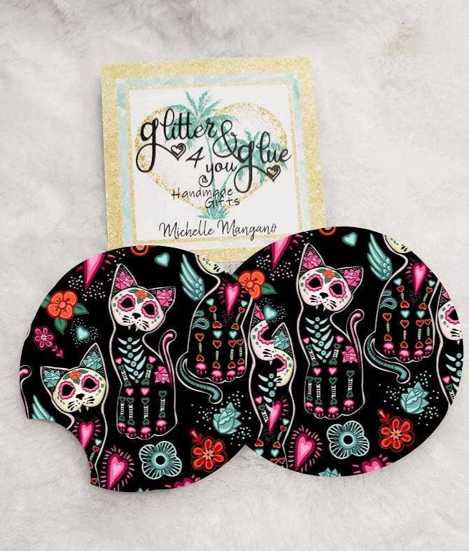 Glitter and Glue 4 You - Wholesale Car Coaster - Women's - Neon Cat Skeleton Halloween Neoprene Car Coaster0