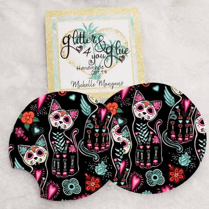 Glitter and Glue 4 You - Wholesale Car Coaster - Women's - Neon Cat Skeleton Halloween Neoprene Car Coaster