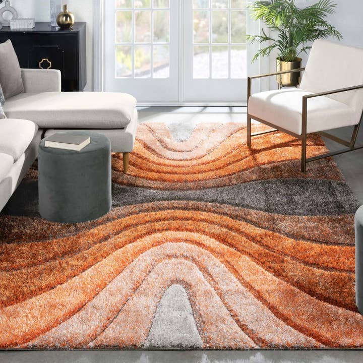 Well Woven - Wholesale Area rug - Luz Modern Geometric Grey Orange 3D Textured Thick & Soft Shag Rug