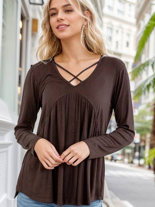 HEIMISH - Wholesale Blouse - Women's - ST1839S CRISSCROSS NECK SOLID BABYDOLL TOP
