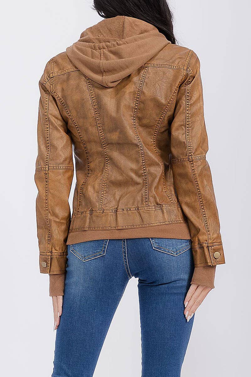 ROUSSEAU - Venta al por mayor Chaqueta de cuero - Mujer - CHAQUETA CON CREMALLERA, BOLSILLOS, CAPUCHA DESMONTABLE Y POLIPIEL PU7