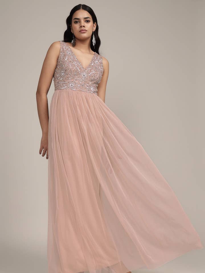 Addie Embellished Maxi Dress in Taupe for wholesale by Lace & Beads