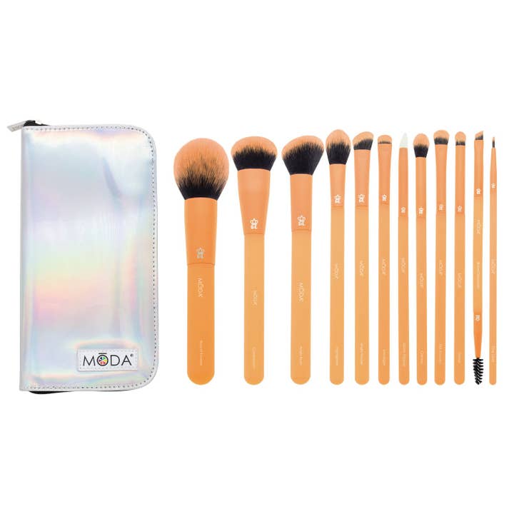 MŌDA® Totally Electric Neon Orange 13pc Makeup Brush Kit for wholesale by Royal Brush Mfg. Inc.