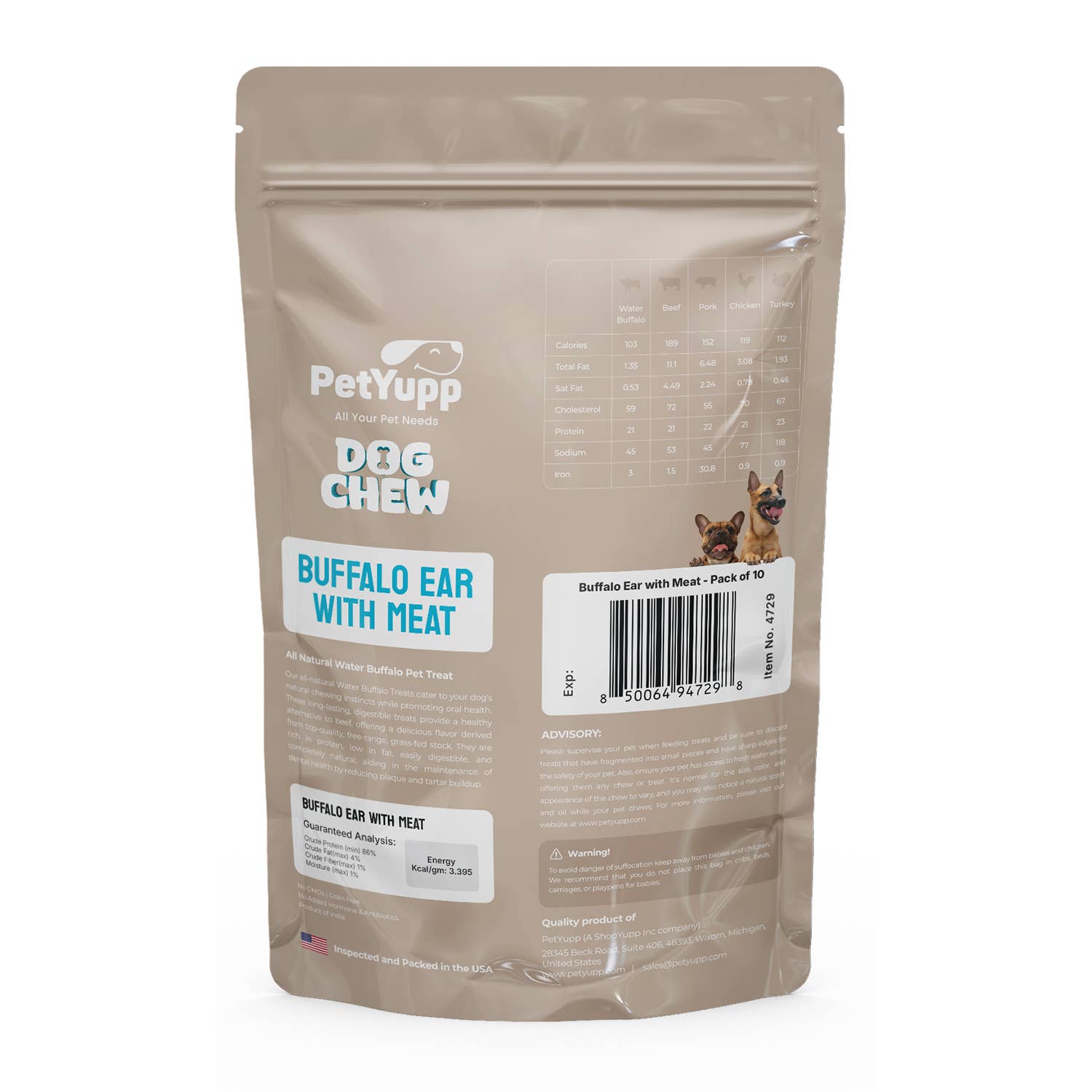 PetYupp - Wholesale Pet Treats - Dog - Water Buffalo Ear with Meat Dog Chew - (10 Pcs) 100% Natural Dog Treats Dog Sizes1