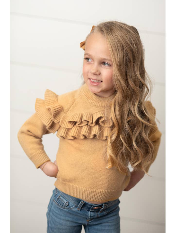 Oopsie Daisy - Wholesale Knit Sweater - Kids - Kids Tan Double Ruffle Crew Neck Fall Winter Sweater