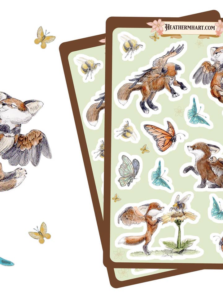 Whimsical Fox Art Stickers | Cottagecore Animal Journaling Stickers | Fox and Butterfly Scrapbook Stickers for wholesale by Wings of Fantasy