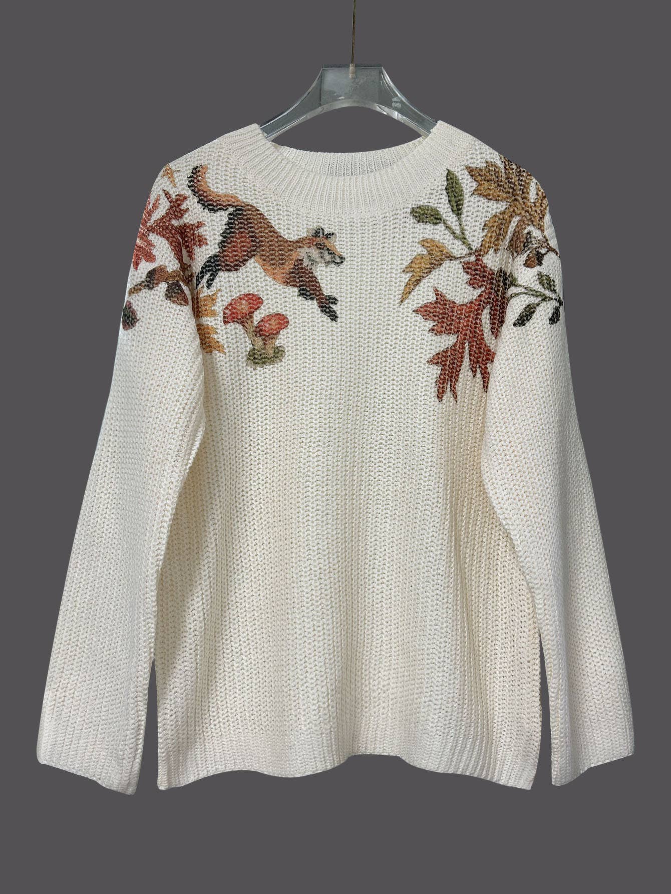 Apricot Round Neck Floral Fox Print Casual Knitted Sweater for wholesale on Faire0