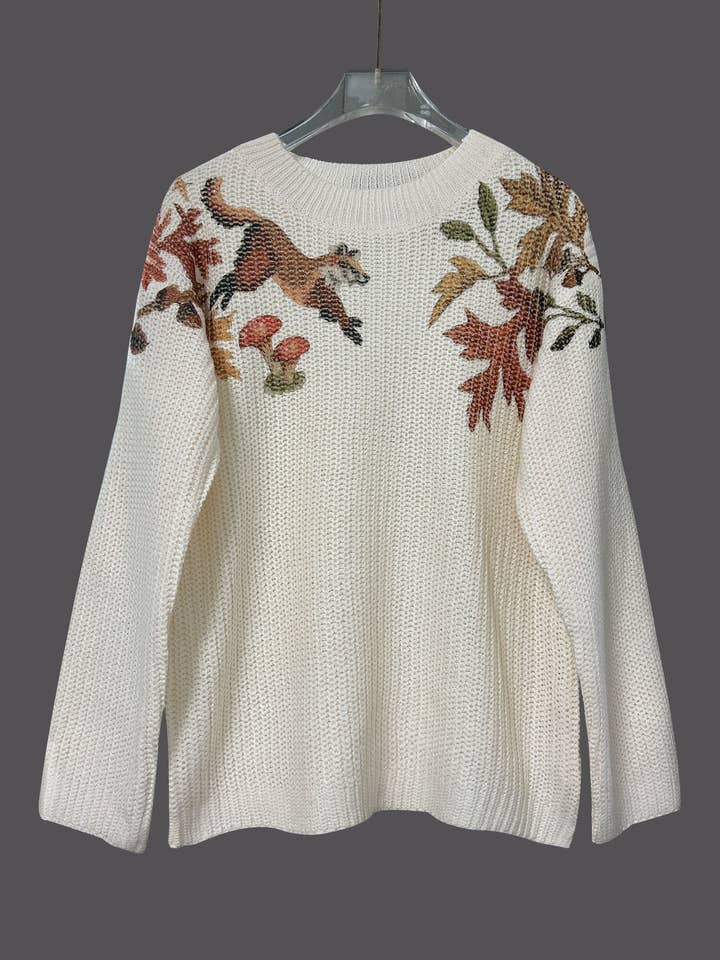 Apricot Round Neck Floral Fox Print Casual Knitted Sweater for wholesale on Faire