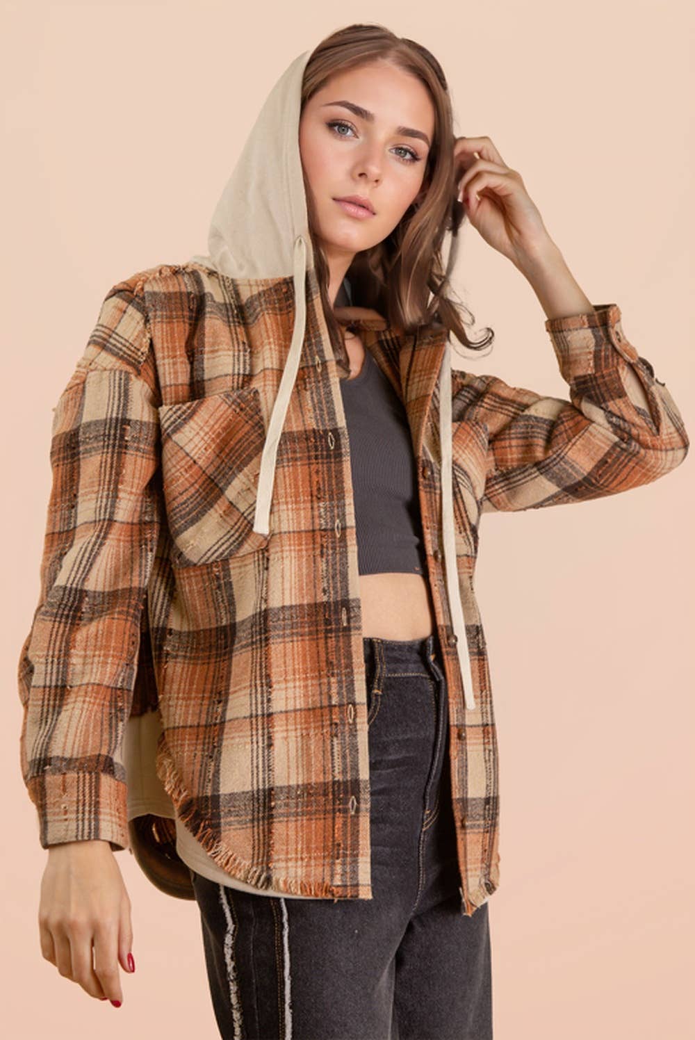 VERY J - Wholesale Jacket - Women's - NT12253-Oversized Flannel Hooded Button Down Jacket1