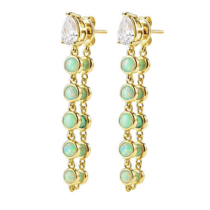 Boucles d'oreilles pendantes en opale avec chaîne en or rempli 18k pour la vente par Palace Fever