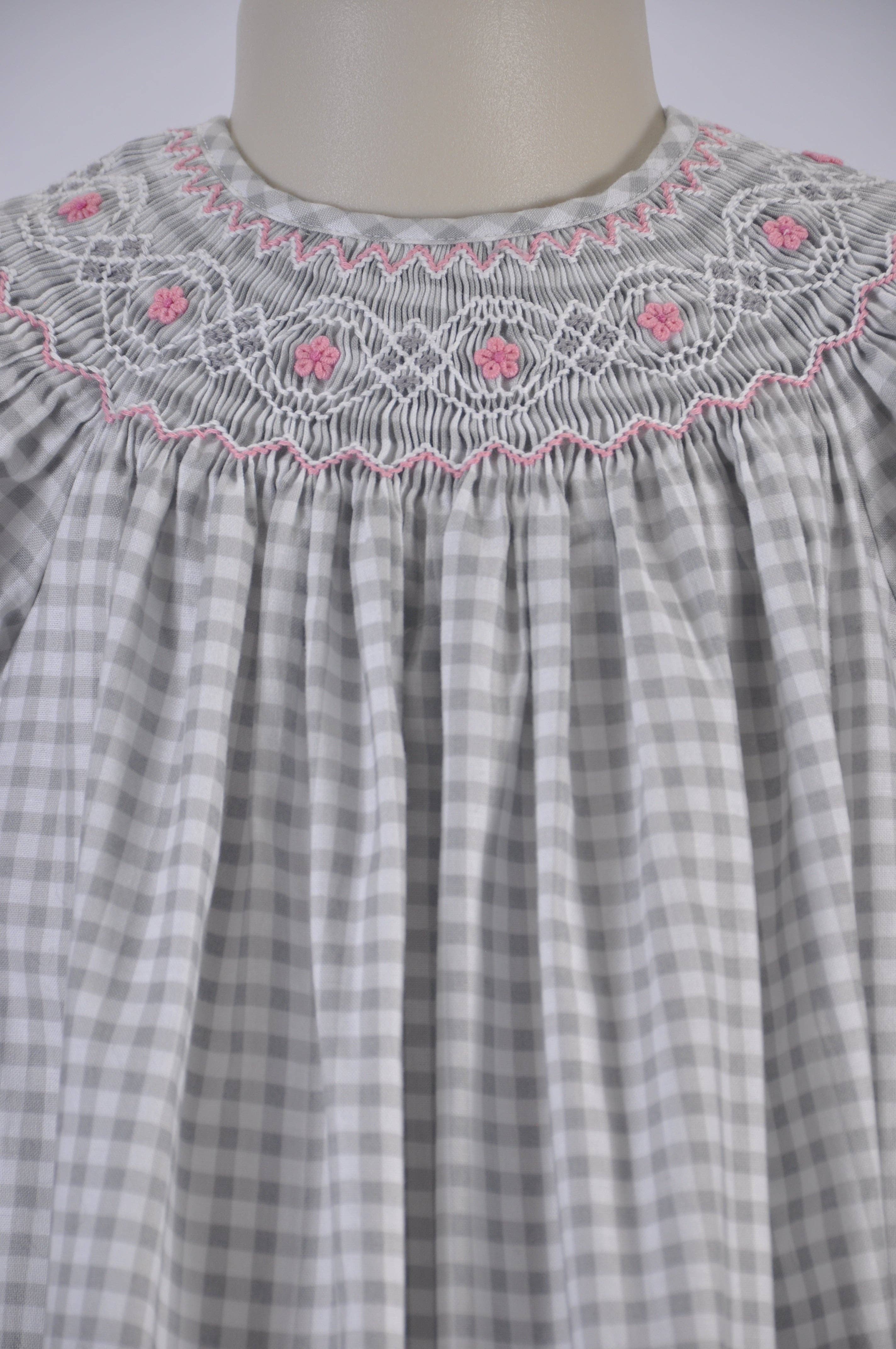 Hello Bebes! - Wholesale Dress - Kids - Gray & White Checked Geo Smocked Angel Sleeve Bishop Dress3