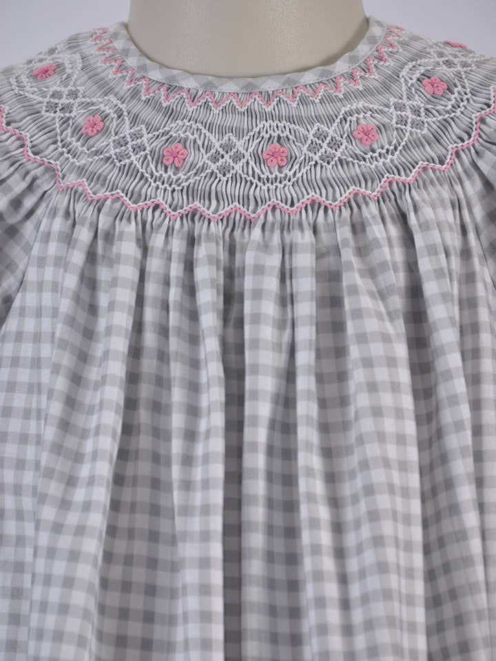 Hello Bebes! - Wholesale Dress - Kids - Gray & White Checked Geo Smocked Angel Sleeve Bishop Dress3