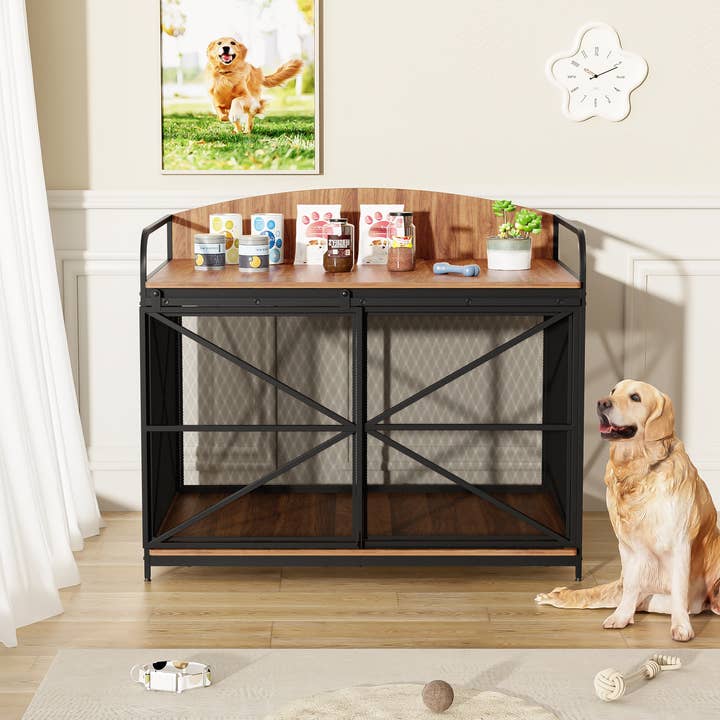 Brown Heavy Duty Large Wooden Dog Crate End Table, Farmhouse Style for wholesale on Faire