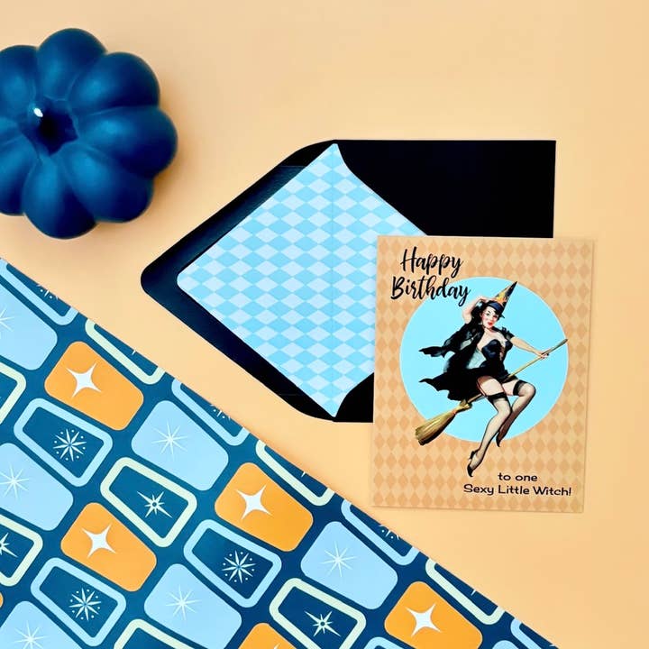 Mod Lounge Paper Company - Wholesale Birthday Card - Sexy Little Witch Vintage Pinup Halloween Birthday Card