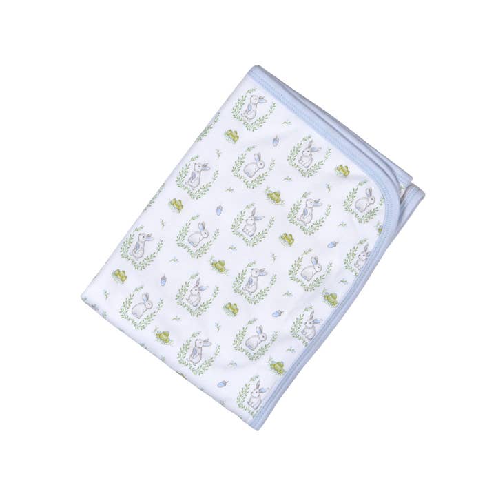BLUE BUNNIES PIMA RECEIVING BLANKET for wholesale by Baby Loren