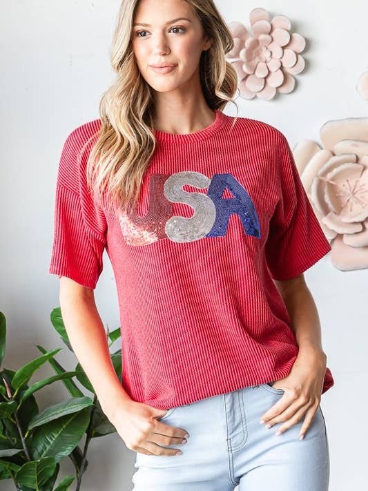 T9978HE10-Top com Lantejoulas e Remendo de Letras USA em Malha Canelada Sólida Urbana por atacado de Sunday Morning