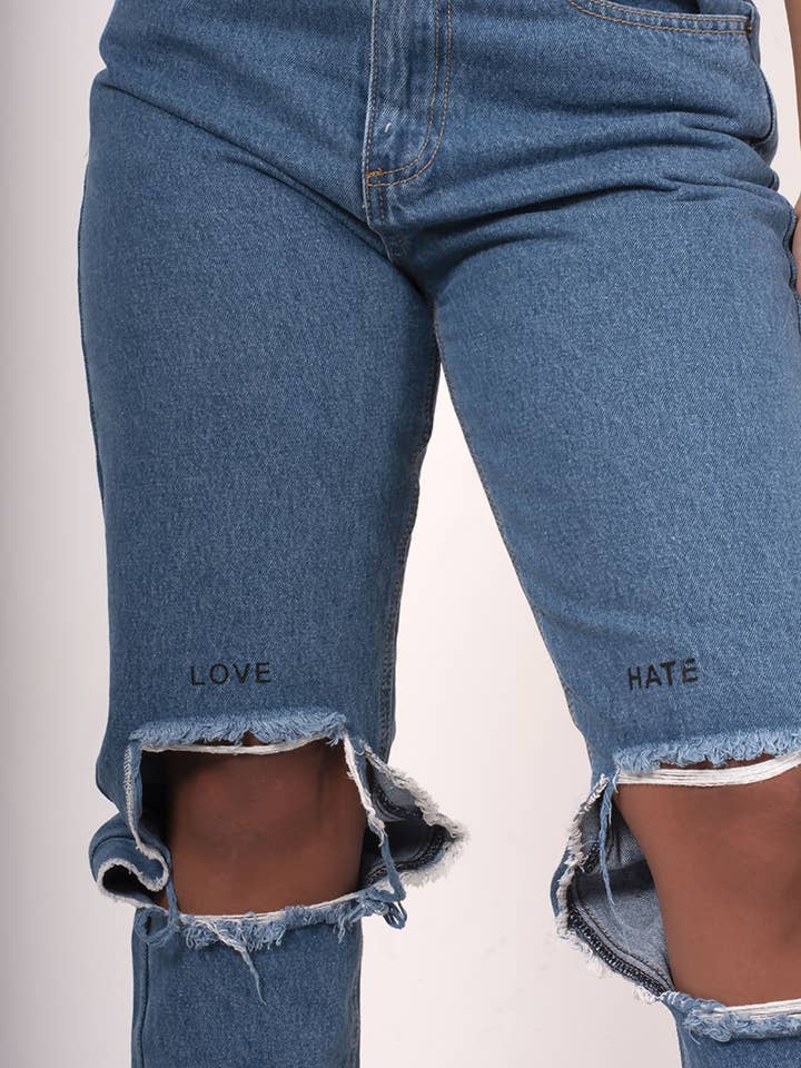 Mørkeblå MØRKEBLÅ ÅBNE RIVEDE KNÆ MOM JEANS for engroshandel på Faire