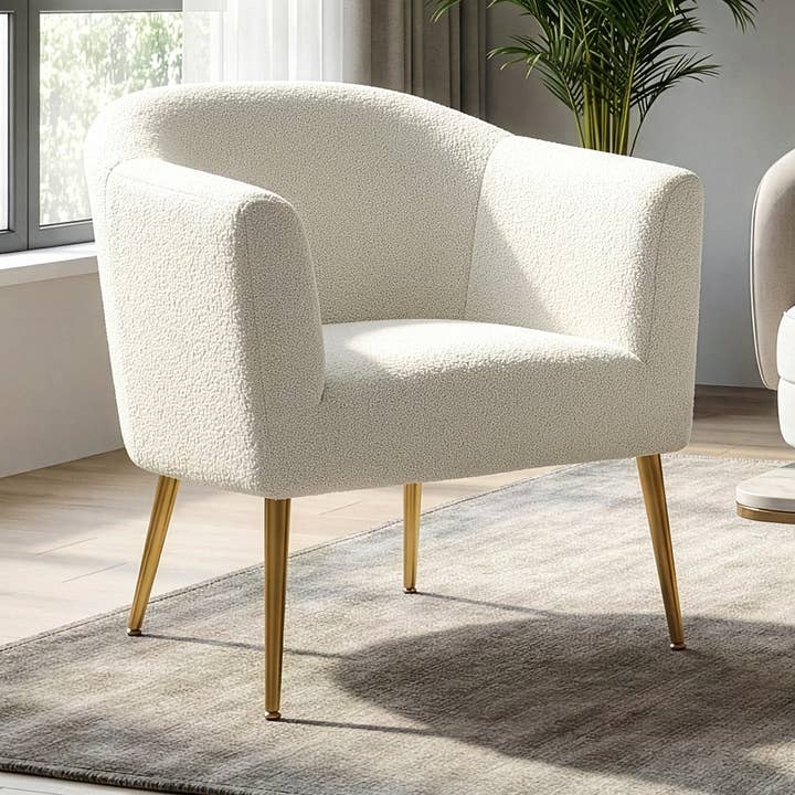 Ayami White Boucle Accent Chair with Gold Legs for wholesale by Glamour Home