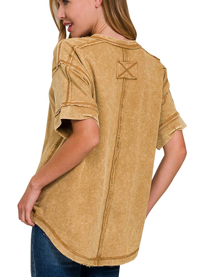 42POPS - Wholesale Knit Top - Women's - ',, Washed Raw Edge Detailed Button Closure Top