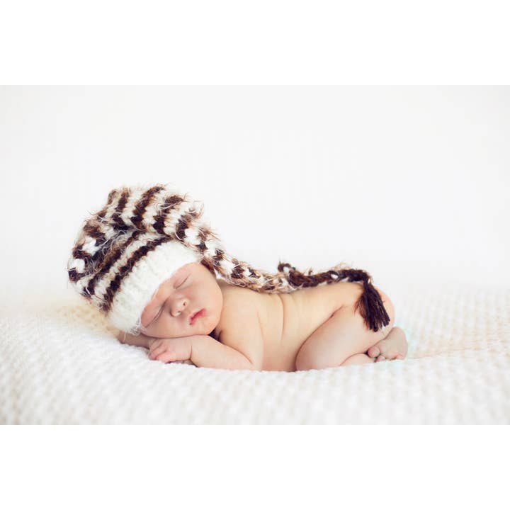Brown/Orange Stripe Elf Crocheted Handmade Heirloom Gift Hat for wholesale by The Daisy Baby LLC