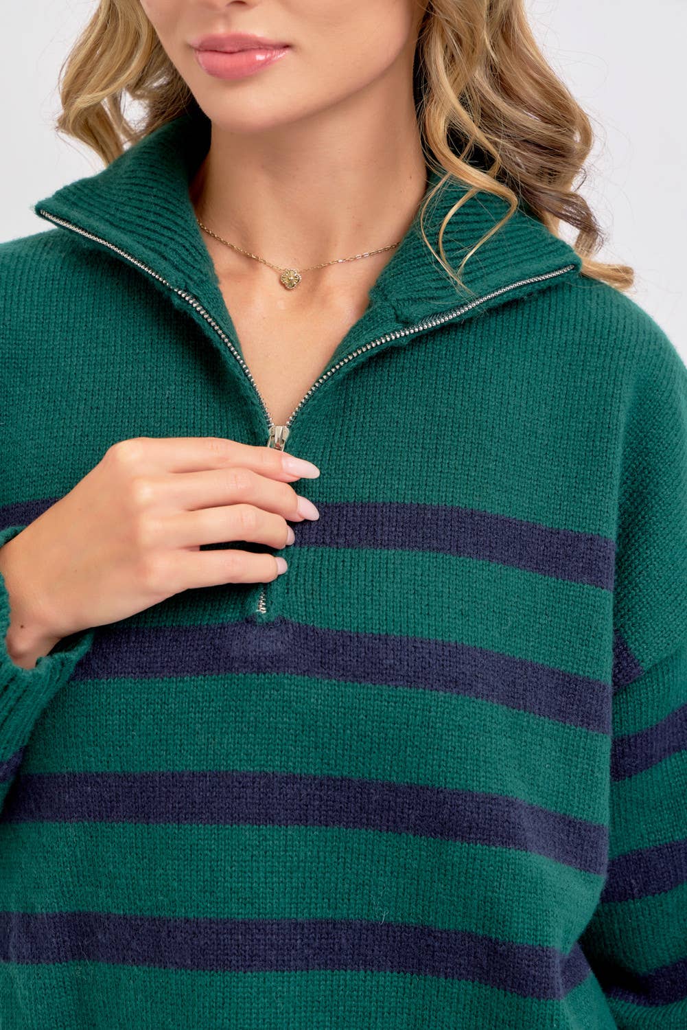 Sweet Lovely by Jen - Wholesale Knit Sweater - Women's - STRIPED ZIP-FRONT OVERSIZED PULLOVER KNIT SWEATER  28