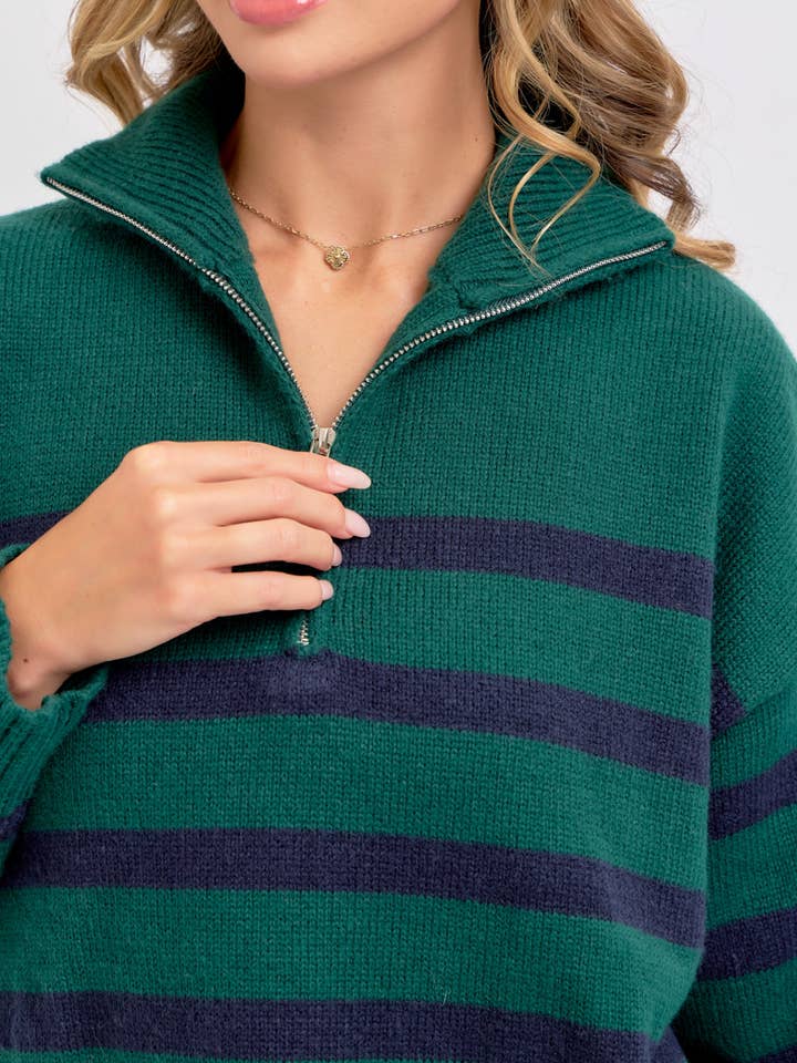 Sweet Lovely by Jen - Wholesale Knit Sweater - Women's - STRIPED ZIP-FRONT OVERSIZED PULLOVER KNIT SWEATER 28